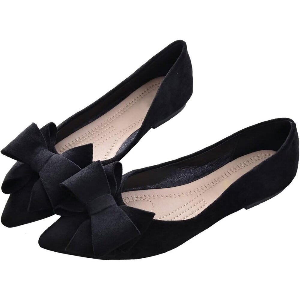 Women's Black Bowknot Ballet Flats Pointy Toe Casual Flat Shoes Suede